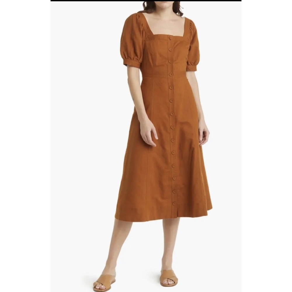 Madewell Layton Linen Midi Dress Light Fall Orange Caramel Brown Womens 2